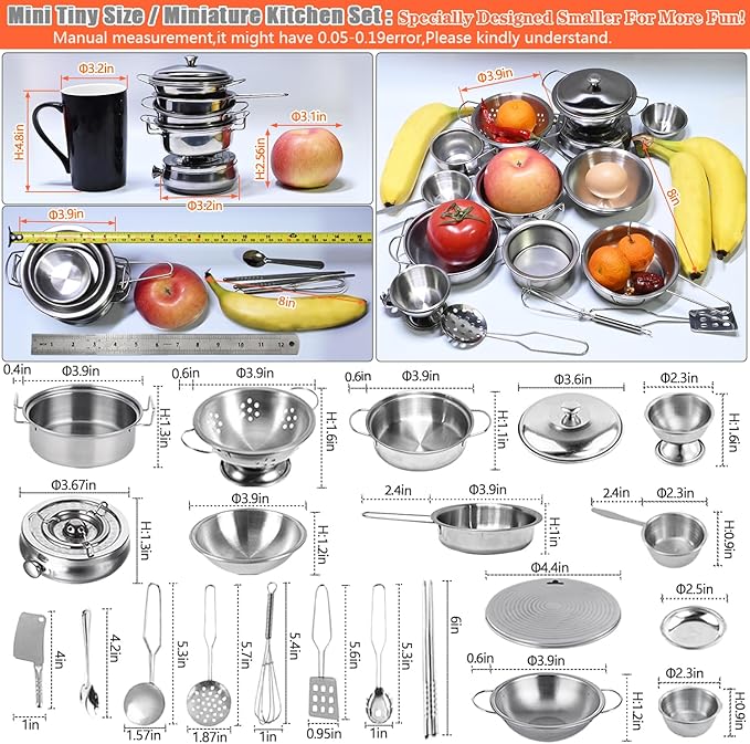 Tiny Classic Stainless Steel Kitchen Toys Cooking Utensils Set-Pretend Play Pots Pans Toy Cookware Kits for Kids Cooking Utensil Set Interactive Learning Role Play Educational Toys for Kids Mini Size