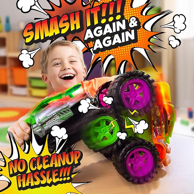 Exploding Monster Truck Toy with Explosive Crash Sounds and Lights, Smash It Up Again and Again, Monster Truck Toys for Boys Kids Ages 3, 4-7 & Above | Toddler Toys for 3 Year Old Boys Gift