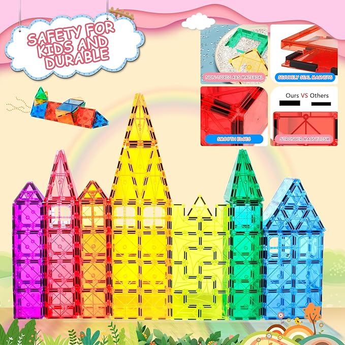 Magnetic Tiles Building Blocks, 108 PCS Magnetic Blocks Buliding Tiles Set, Magnetic Building Blocks with 2 Cars, Preschool Educational Magnetic Toys Stem Toys for Kids 3, 4-8