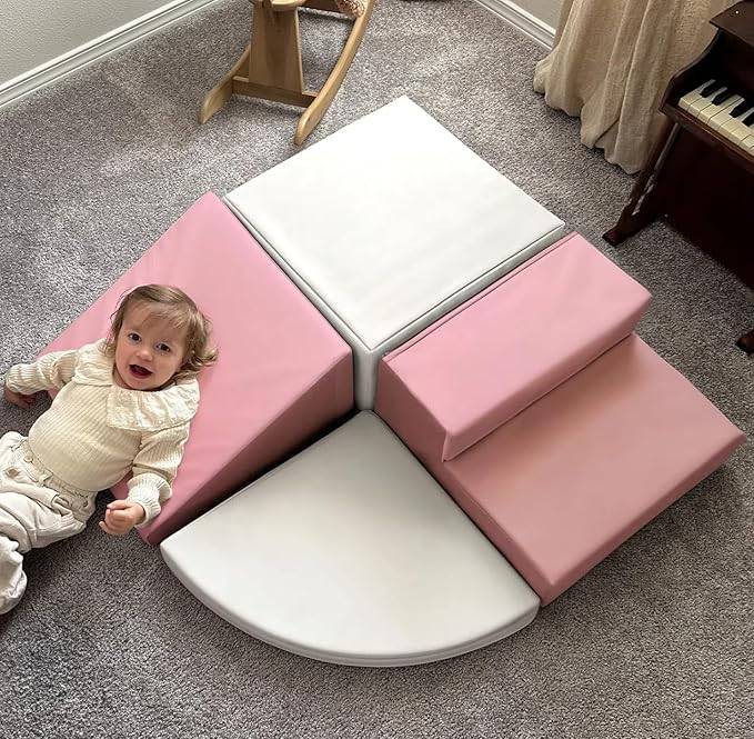 Large 4 Pieces Climbing Toys for Toddlers 1-3, Non-toxic & Eco-friendly Toddler Climbing Toys Indoor, Soft Play Equipment Indoor for Motor Skills, Easy Setup & Clean Climbing Blocks, Pink & White
