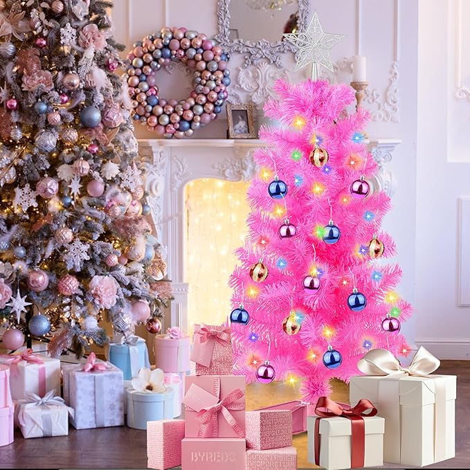 3 Ft Pink Christmas Tree Tinsel Dual Color Change 12 Modes Timer DIY 50 Warm White & Colored Lights 15 Ball Ornaments Star Battery Operated Small Artificial Full Xmas Tree Table Indoor Holiday Decor