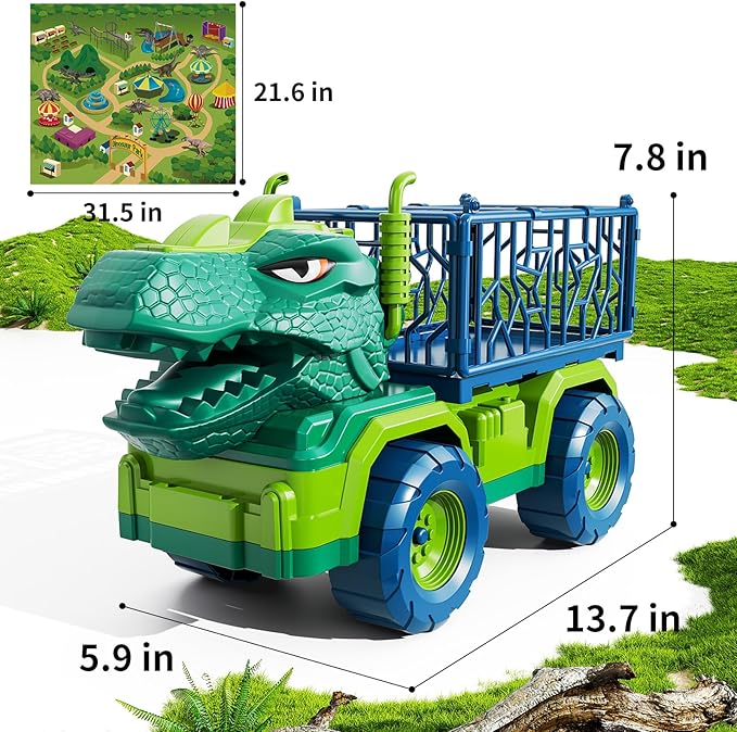 TEMI Dinosaur Truck Toys for Kids 3-5 Years, Tyrannosaurus Transport Car Carrier Truck with 8 Dinosaur Figures, Activity Play Mat, Dinosaur Eggs, Trees, Capture Jurassic Play Set for Boys and Girls