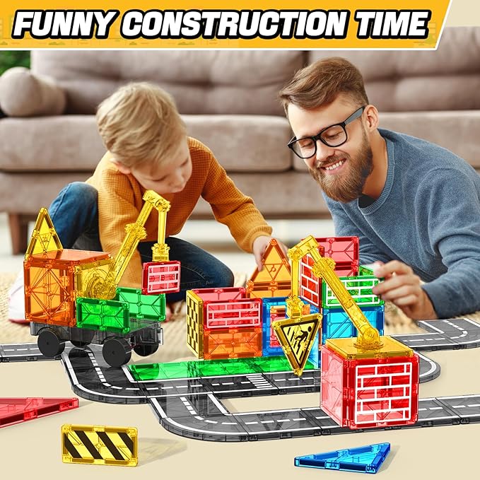 Magnetic Tiles Road Building Blocks - Magnet Crane Car Set for Kids Ages 3-5 4-8 5-7 Preschool City Construction Kids Games Dinosaur Toddler Toys for 3+ Year Old Boys Girls Christmas Birthday Gifts