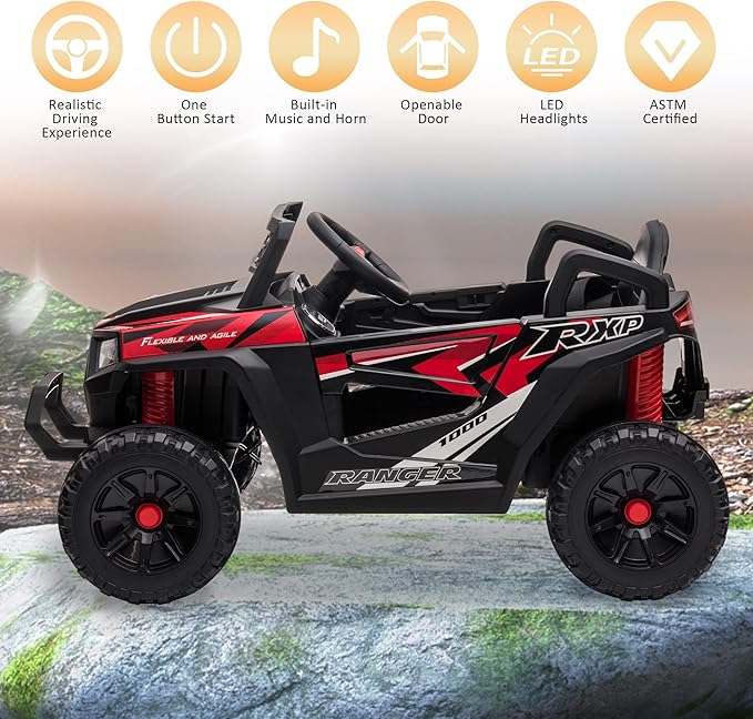 TOBBI 12V Kids Ride on Car, Electric Off-Road UTV Truck with Forward and Reverse Functions, Double Open Doors, Safety Belt, Horn, Music, and Lights for Kids Aged 3-5 Years (Red)