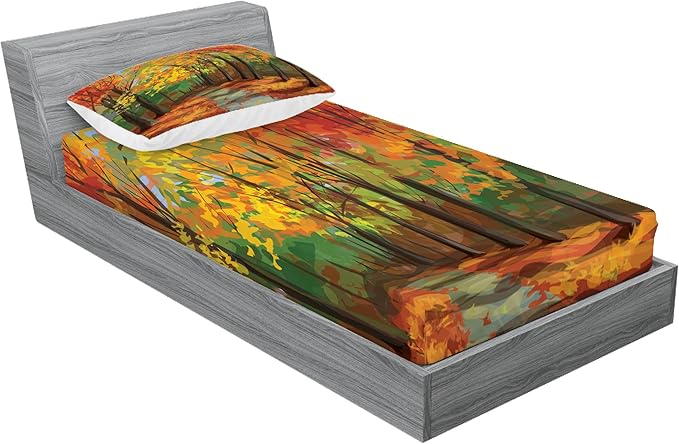 Ambesonne Rustic Fitted Sheet & Pillow Sham Set, North Woods Falling Leaves Fall Park Road Autumn Leaves Seasonal Colors Romantic, Decorativeed 2 Piece Bedding Decor Set, Twinxl, Orange and Green