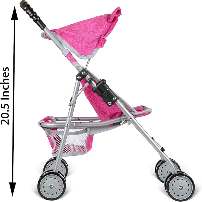 fash n kolor Doll Stroller with Basket, My First Denim Pink Foldable Baby Doll Umbrella Doll Stroller Fits Upto 18" Dolls, Gift Toys for Girls,Baby Doll Accessories Include 2 Free Magic Bottles