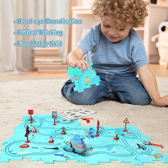 Puzzle Track Car Play Set, Plastic Puzzles for Kids Ages 3-5 with Vehicles, Electric Trolley Puzzle, Car Tracks for Toddlers, Toys Gifts for 2 3 4 5 6 Year Old Boys Girls
