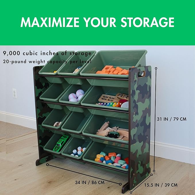 Humble Crew Hunter Toy Storage Organizer with 12 Plastic Storage Bins, Army Green Camo
