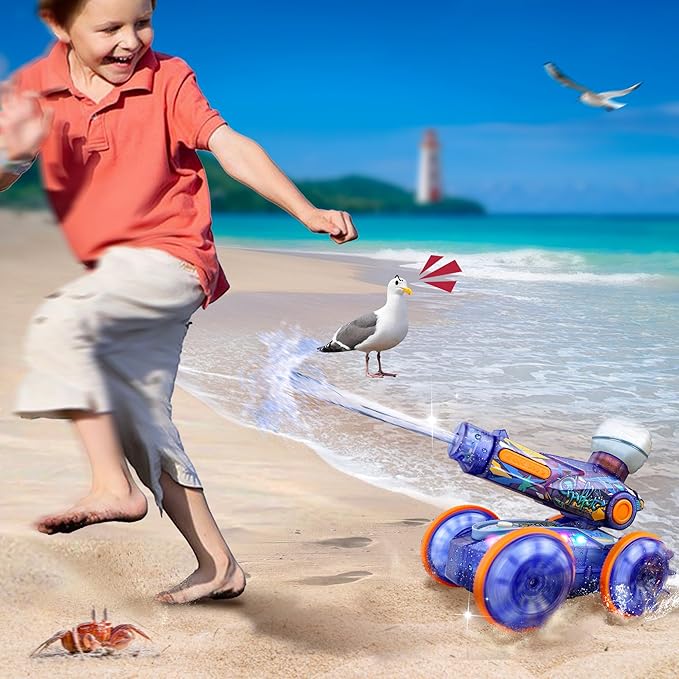 BEZGAR Pool Toys for Kids, Amphibious Remote Control Car Toys for Ages 6-8, RC Stunt Car with Water Gun for Boys and Girls 8-12, Remote Control Boat with Light(Blue)
