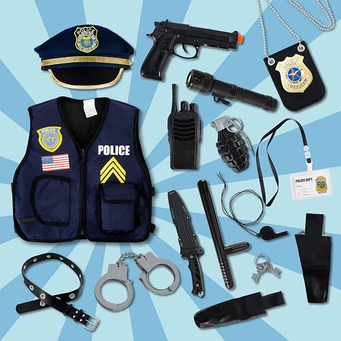 JOYIN 14 Pcs Police Pretend Play Toys Hat and Uniform Outfit for Halloween Dress Up Party, Officer Costume, Role-playing