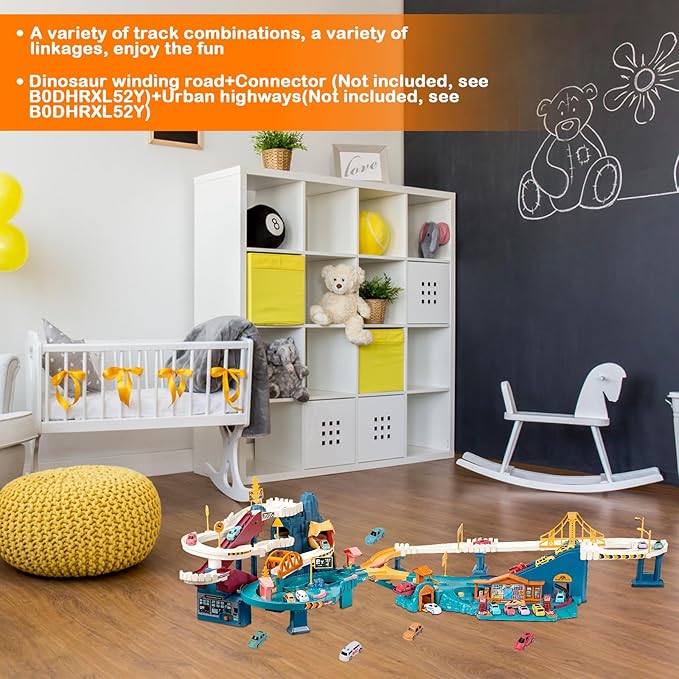 Toy Car Ramp Track, Climbing Hills Railcar Colorful Vehicles Construction Play Set with 12 Mini Racer Cars for Kids 3+(Dinosaur)