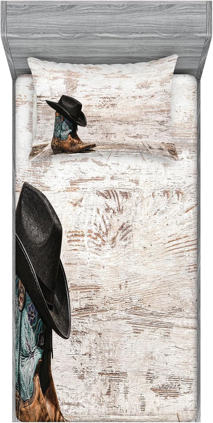 Ambesonne Western Fitted Sheet & Pillow Sham Set, Traditional Rodeo Cowboy Hat and Cowgirl Boots Retro Grunge Background Art Photo, Decorative Printed 2 Piece Bedding Decor Set, Twin, Black Brown