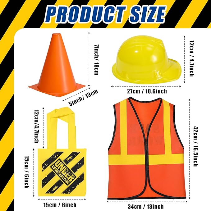 Geyoga 24 Pieces Construction Party Supplies for Kids - Vest, Cones, Hat, Dress Up Bag for Theme Birthdays, Halloween