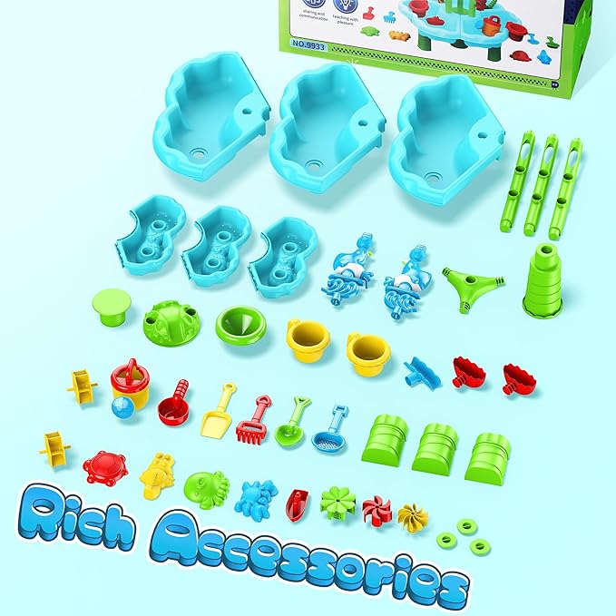 Kids Flower Water Sand Table for Toddlers - 2-Tier Outdoor Water Sand Play Table Toys for Boys Girls, Summer Splash Activity Sensory Table Party Birthday Gift for Kids 3-5 6-12