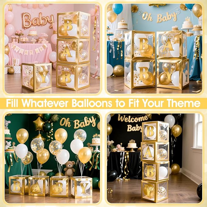 Ledido Baby Boxes with Letters for Baby Shower Decorations with 38 Balloons, 4 pcs Clear Baby Balloon Boxes Blocks for Baby Shower Decor Boy Girl Gender Reveal Decorations Backdrop Party (Gold)