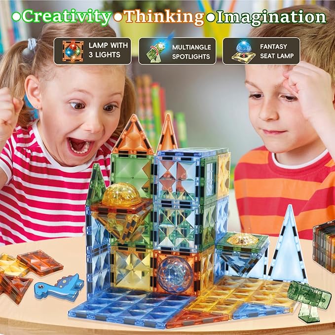 BINZKBB Magnetic Tiles Building Blocks,Lighted 3D Clear Educational STEM Construction Set,Preschool Sensory Magnet Dinosaur Creativity Toys for Kids Age 3 4 5 6 8+ Years Old Girls Boys Toddlers
