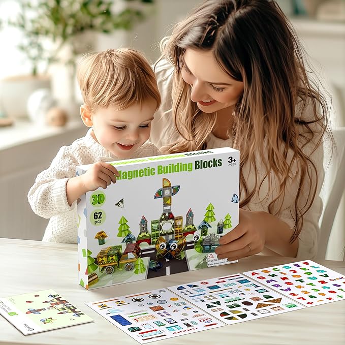 iPlay, iLearn Kids Magnetic Blocks, 62 PCS Magnet Stacking Block Building Toy, Toddler STEM Learning Montessori Sensory Toy, Preschool Classroom Educational Birthday Gift 3 4 5 6 7 8 Year Old Boy Girl