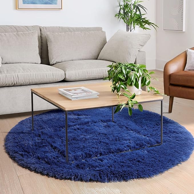 Navy Blue Round Rug 6Ft for Boys Bedroom, Large Fluffy Fuzzy Circle Area Rugs for Kids Playroom, Living Room Decor Aesthetic, Cute Shaggy Plush Floor Royal Dark Blue Carpet for Dorm Teen Baby Nursery