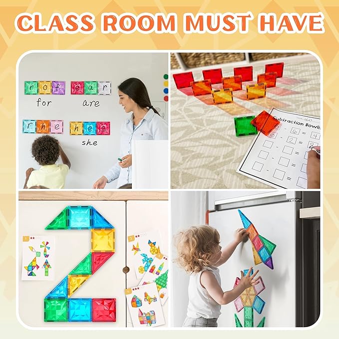 126-Piece Magnetic Tiles Building Blocks Set - STEM Construction Kit with Car Toy Figurines & Stickers, Educational Sensory Toys for Kids Ages 3-8, Creative Gift for Toddlers, Boys & Girls