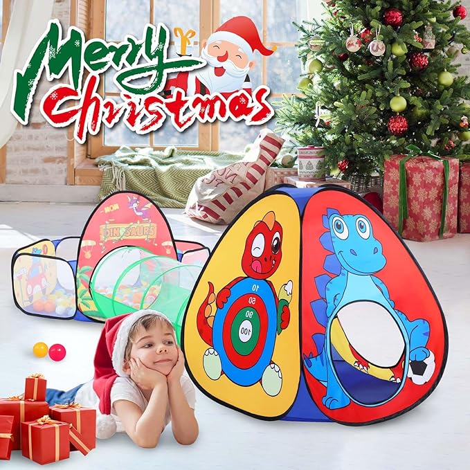 3pc Dinosaur Kids Play Tent with Tunnel and Ball Pit for Boys & Girls, Pop Up Playhouse Tent for Toddlers Indoor & Outdoor Use