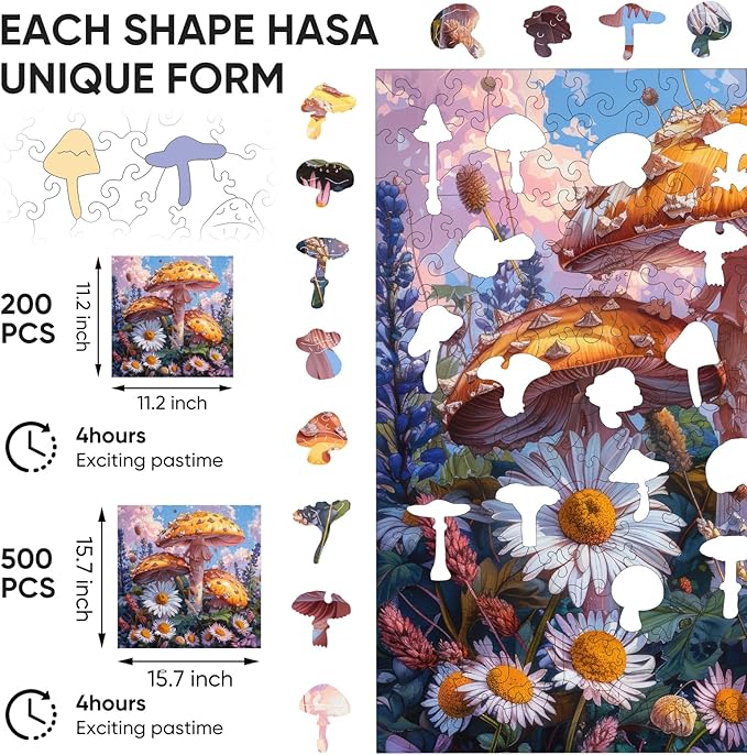 Wooden Puzzles for Adults 200 Pieces, Mushroom Flower Wooden Jigsaw Puzzles for Adult and Kids, 11.2 Inch Medium Size Family Reunion Puzzle, Valentine's Day Puzzle Gifts for Lovers Friends and Family