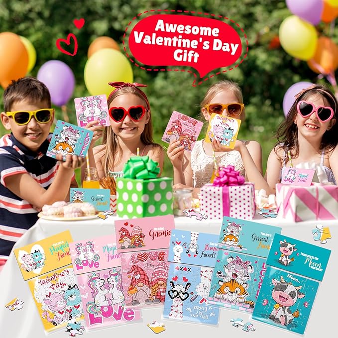 MOVINPE Valentines Day Gifts for Kids - 30 Pack Jigsaw Puzzle with Valentines Cards Headers for Kids - Valentine Day Exchange Gift Puzzle Classroom Prizes for Girls Boys School Class Bulk