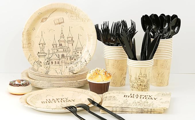 168pcs Magical Wizard Party Supplies Vintgage Castle Owl Party Table Decorations Magic School Birthday Paper Plates and Napkins Cups Cutlery for Birthday Decorations Serves 24