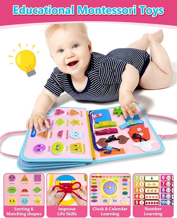 Exorany Busy Board Montessori Toys for Toddler Girl & Boy Birthday Gifts, Busy Book Learning Sensory Toys for Toddlers, Toddler Travel Toy Educational Activities Learn Fine Motor Skills