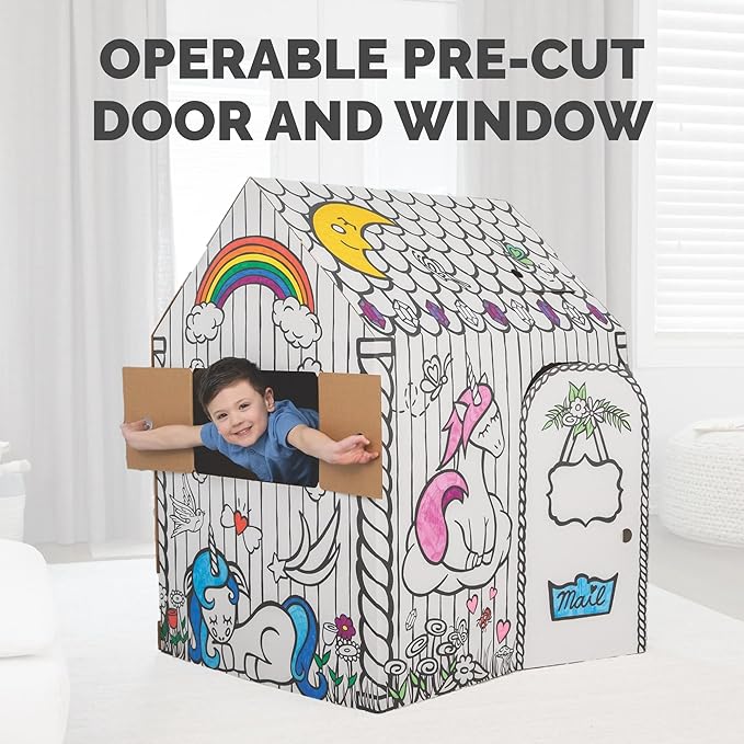 Bankers Box at Play Color in Unicorn Playhouse, Cardboard Playhouse and Life Size Craft Activity for Kids and Families