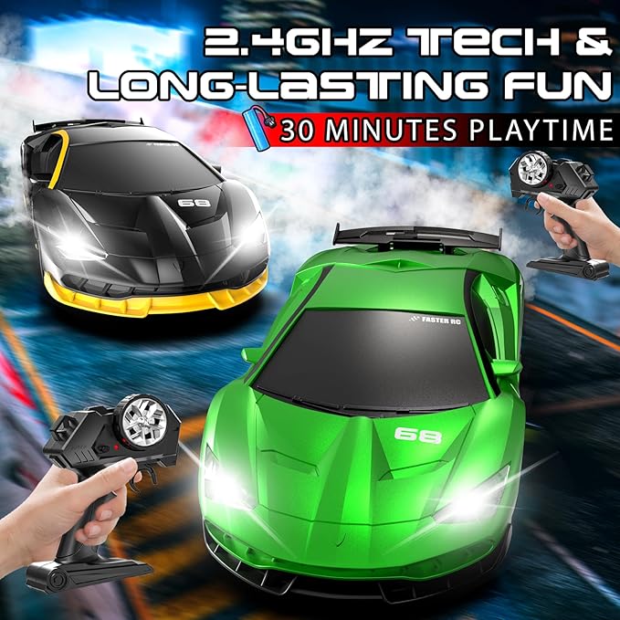 Remote Control Car, 1/24 Scale RC Drift Car, 4WD 15KM/H High Speed RC Cars, Racing Sport Toy Car with LED Lights, Racing Tire, Birthday for Kids Boys Girls, Rechargeable Battery