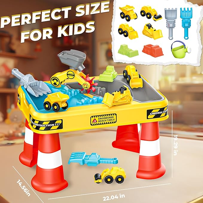 BELLOCHIDDO Sand and Water Table for Toddlers - Summer Toys with 4 Construction Trucks, Portable Outdoor Sandbox Activity Table, Beach Toys for Boys & Girls