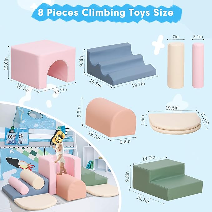 8-Piece Foam Climbing Blocks for Toddlers 1-3,PU Toddler Climbing Toys Indoor,Soft Play Climbing for Toddlers,Baby Toddler Kids Foam Climbing Blocks,Foam Soft Play Set,Foam Play Gym
