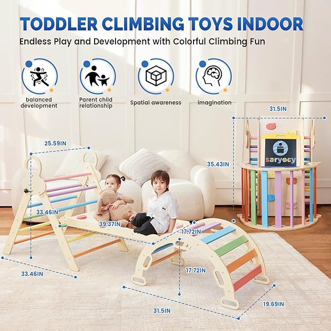 Pikler Triangle Set for Kids, 8 in 1 Colorful Montessori Large Climbing Toys for Toddlers 1-6 Inside with Arch, Ramp and Foldable Triangle, Cushion Pad and Chalkboard