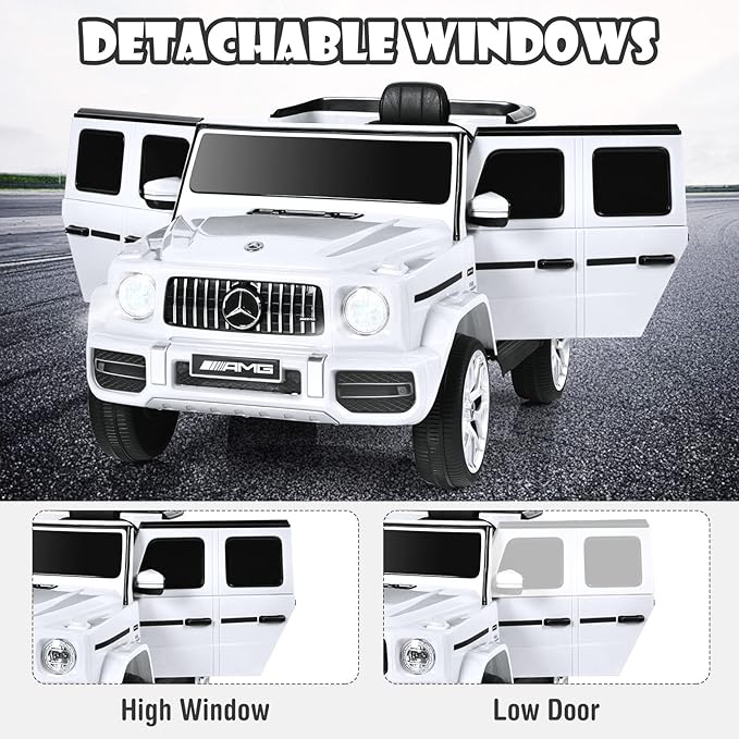 OLAKIDS 12V Kids Ride On Car, Licensed Mercedes Benz G63 Electric Vehicle with Remote Control, Double Open Doors, Music, Bluetooth, 2 Speeds, Wheels Suspension, Battery Powered Driving Toy (White)