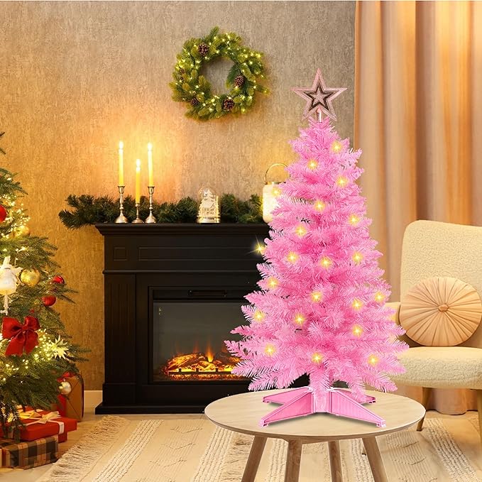 3 Ft Pink Christmas Tree with Lights, Timer 8 Modes 50 Warm White Lights Battery Operated Small Artifical Full Christmas Tree for Tabletop Home Office Indoor Outdoor Xmas Holiday Party Decorations