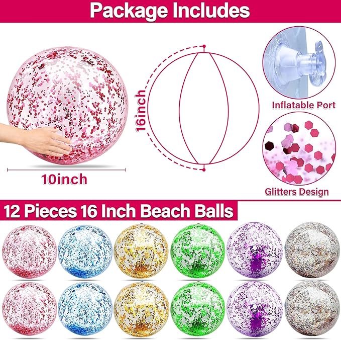 12 Pack Inflatable Beach Balls Bulk 16" Glitters Pool Toys Balls for Pool, Beach, Summer Pool Party - Swimming Pool Game Water Beach Toys Kid Party Favor Summer Decoration Essential Blow Up Beach Ball