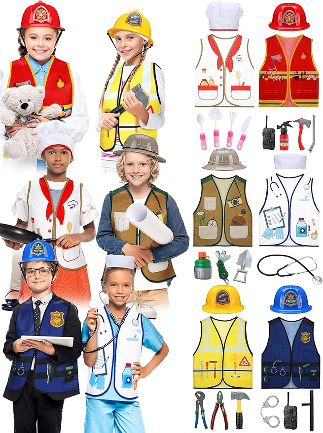 Hungdao 6 Sets Kids Dressing up Costumes, Toddler Dressing up and Pretend for Age 6-10 for Dress up Police,fireman, Doctor,construction Worker, Chef and Explorer