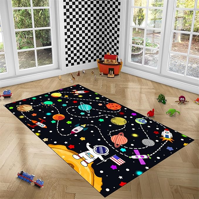 Outer Space Rug for Boys - Galaxy Carpet for Boys Room Cute Cartoon Universe Planet Area Rug Satellite Rockets Kids Baby Polyester Crystal Floor Mat Kids Play Carpet for Children Bedroom 47"L x 39"W