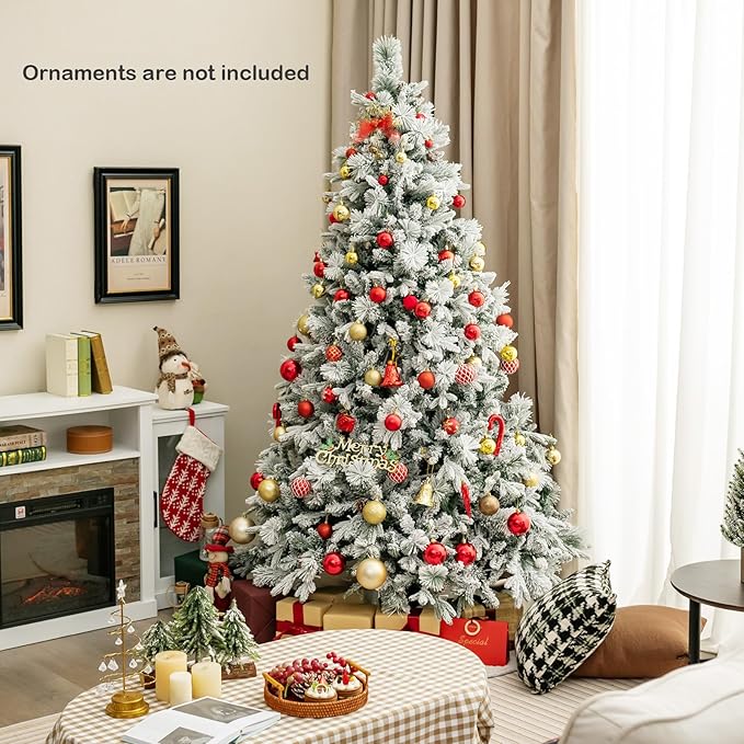 GOFLAME 7 FT Artificial Christmas Tree with Pine Needles, Snow Flocked Xmas Tree with 1270 PE & PVC Branch Tips, 320 LED Lights & 40 Pine Cones, Hinged Decoration Tree with 8 Lighting Modes