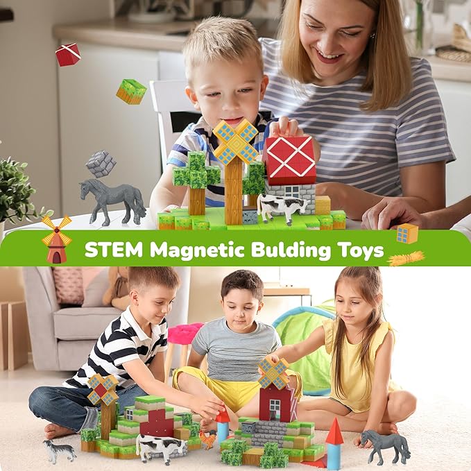 Magnetic Blocks 110PCS with 6 Animal Toys, Farm Building Blocks Set, Toys for Boys & Girls Age 4-6, 6-8, Stacking Building for Toddlers Sensory for Kids 3+