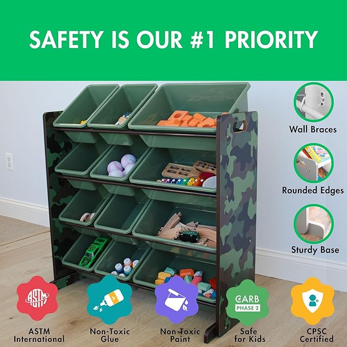 Humble Crew Hunter Toy Storage Organizer with 12 Plastic Storage Bins, Army Green Camo
