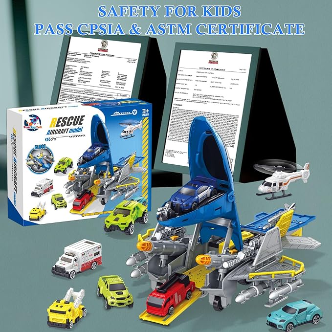 Fighter Toys with Mini Helicopter, Fire Truck, Construction Police Rescue Cars, Airplane, Educational Learning Toys for Kids Ages 3-12 (ASTM Certified), Blue