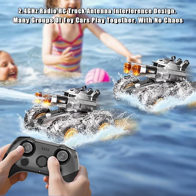 Waterproof Monster Truck Toy 4WD All-Terrain RC Cars, Amphibious Remote Control Car with Water Gun, Remote Control Boat Toys Gesture Sensing Rc Stunt Car, Birthday Gifts for Boys Age 8 9 10 11 12 Yrs
