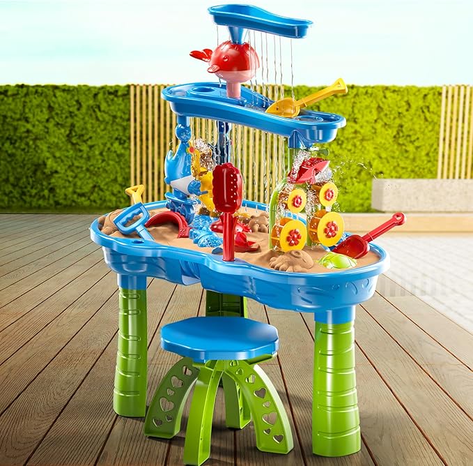 3-Tier Kids Water Table for Toddlers Kids Ages 3-5 4-8, Summer Outdoor Water Table Beach Kids Toys, Toddler Sensory Activity Sand Box Play Set with Rain Showers Splash Pond for Boys Girls