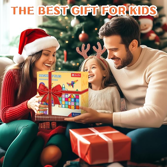 126-Piece Magnetic Tiles Building Blocks Set - STEM Construction Kit with Car Toy Figurines & Stickers, Educational Sensory Toys for Kids Ages 3-8, Creative Gift for Toddlers, Boys & Girls