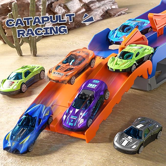 Toddler Car Truck Toys Gifts for 3 4 5 Years Old Boys, Toy Cars Track Set Dinosaur Transport Truck with 12 Pcs Die-Cast Cars Toys, Transforms into Dino, Toy Gifts for 3 4 5 6 Year Old Boys