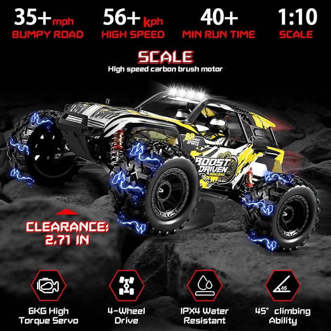 1:10 Large Brush RC Car for Adults, Fast Remote Control Car, 28+ MPH Rc Hobby Truck with Headlights, All Terrain 2.4Ghz Electric Hobby Rc Cars, 4WD Off Road Monster Truck for Adults - Yellow