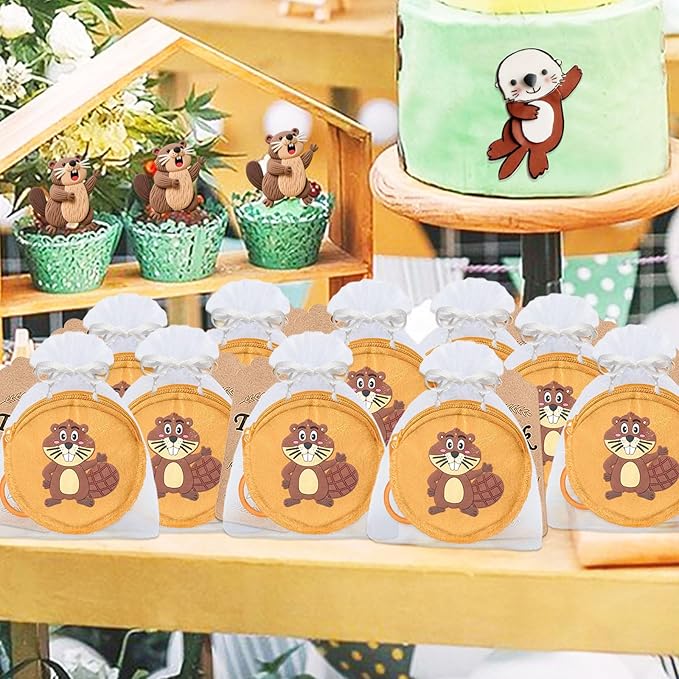 36 Pack Beaver Change Purses Set Include 12 Wallets with Keyring, 12 Thank You Tags and 12 Organza Bags for Safari, Jungle Baby Shower,Wild ONE First Birthday, Castor Decoration,Khaki