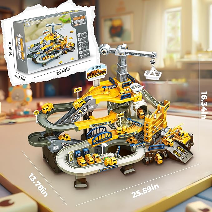 Toys for 3 Year Old Boys - SMIESSKIDDO 68 PCS STEM Construction Race Track Set with Music & Mining Scenes | Montessori Learning Gift for Toddlers Ages 3-6, Durable & Easy Build Car Tracks