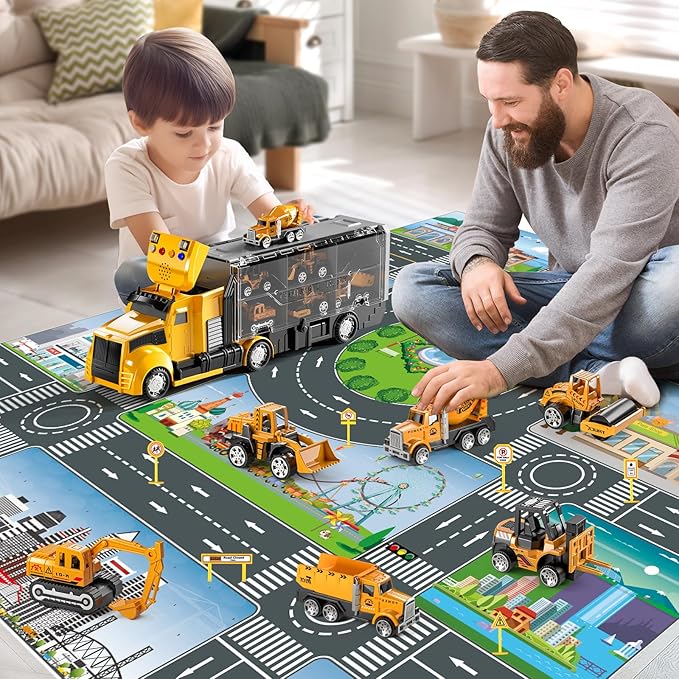 Construction Trucks Toy Set with Play Mat, Carrier Truck Play Vehicles Set for 3 4 5 6 Years Old Boys Kids, Die-Cast Car Toy for Toddlers 3-4 Years, Birthday Gifts Toys for 3-9 Year Old Boys
